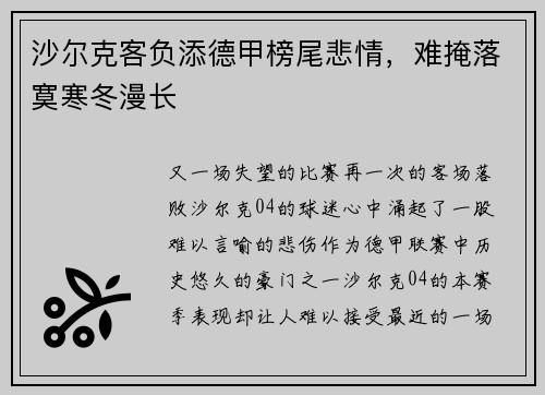 沙尔克客负添德甲榜尾悲情，难掩落寞寒冬漫长