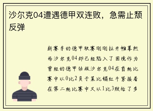 沙尔克04遭遇德甲双连败，急需止颓反弹